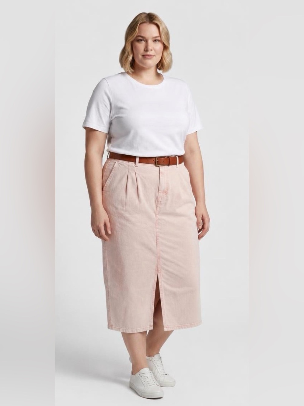 NWOT Anthropologie Pilcro Pleated Front Denim Midi Skirt - Peachy Pink - Sz 18 P